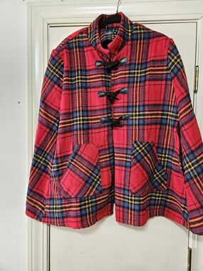 Red Plaid Toggle Poncho Coat